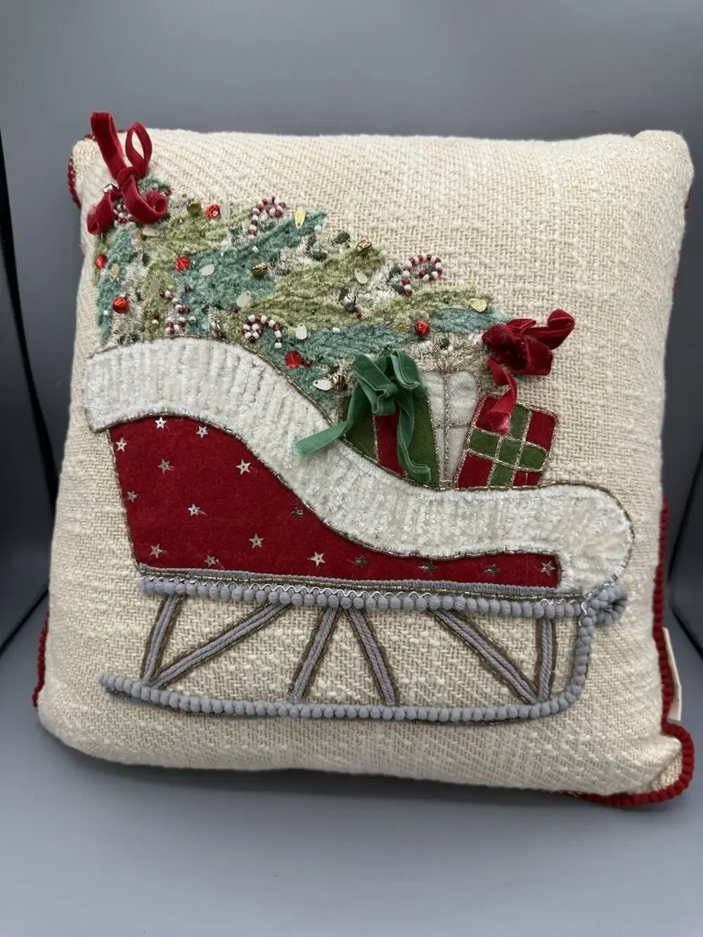 Christmas Sleigh Throw Pillow 14x15 Beaded Applique Velvet Bows Holiday Decor